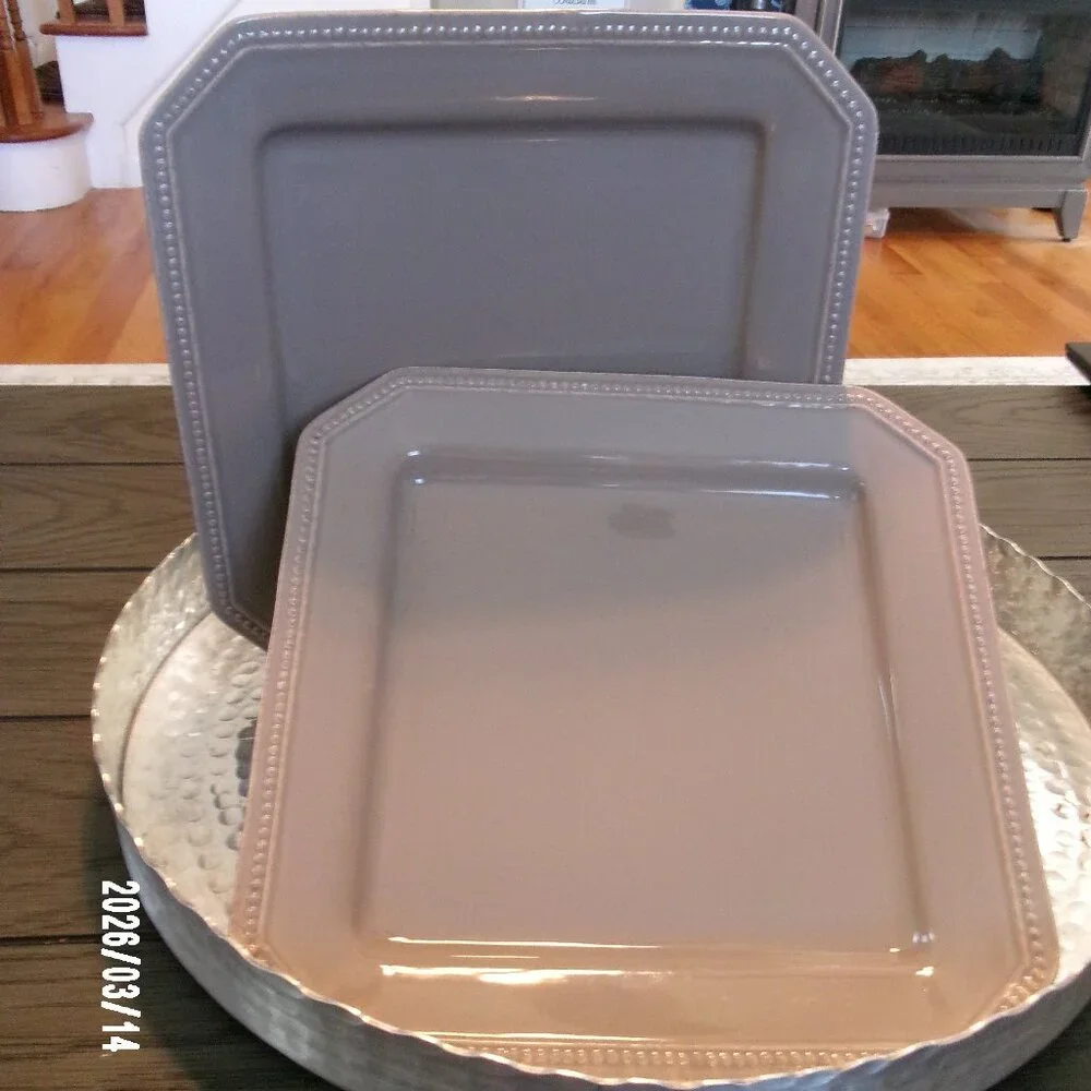 Set Of 2 Sur La Table TAN Pearl Beaded Rim Square Dinner Plates 10” Portugal
